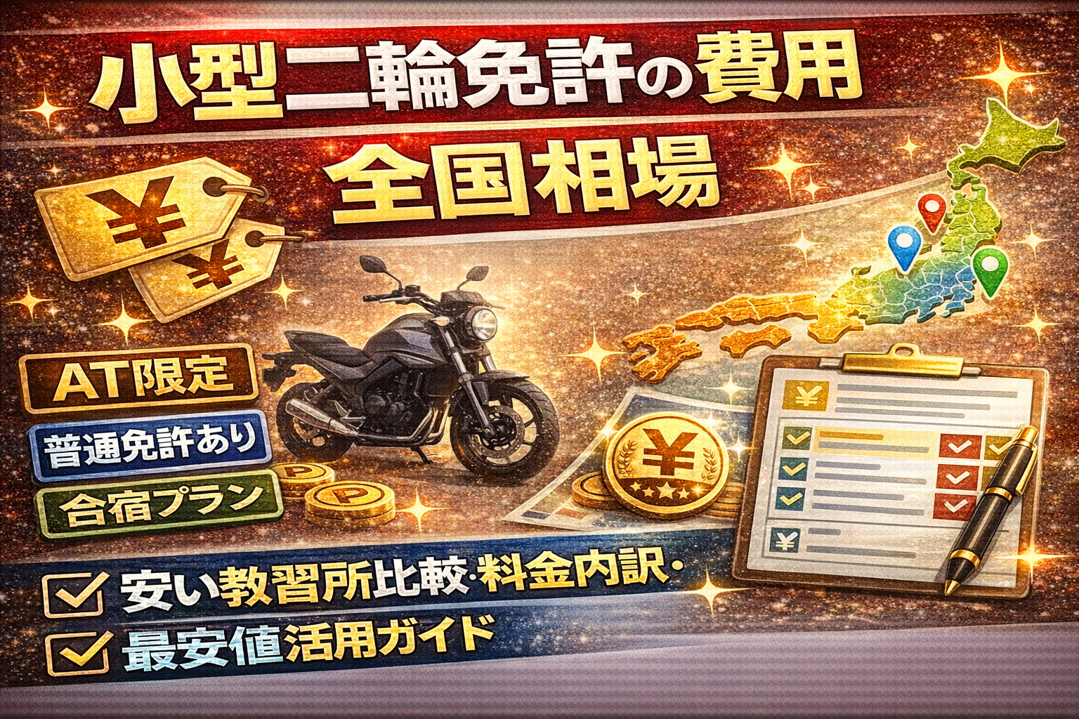 小型二輪免許の費用全国相場と安い教習所比較｜AT限定・普通免許あり・合宿プランの料金内訳と最安値ガイド